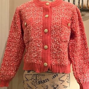 Gorgeous sweater. Chunky knit, Pink & white, gold buttons. Luxury look for less